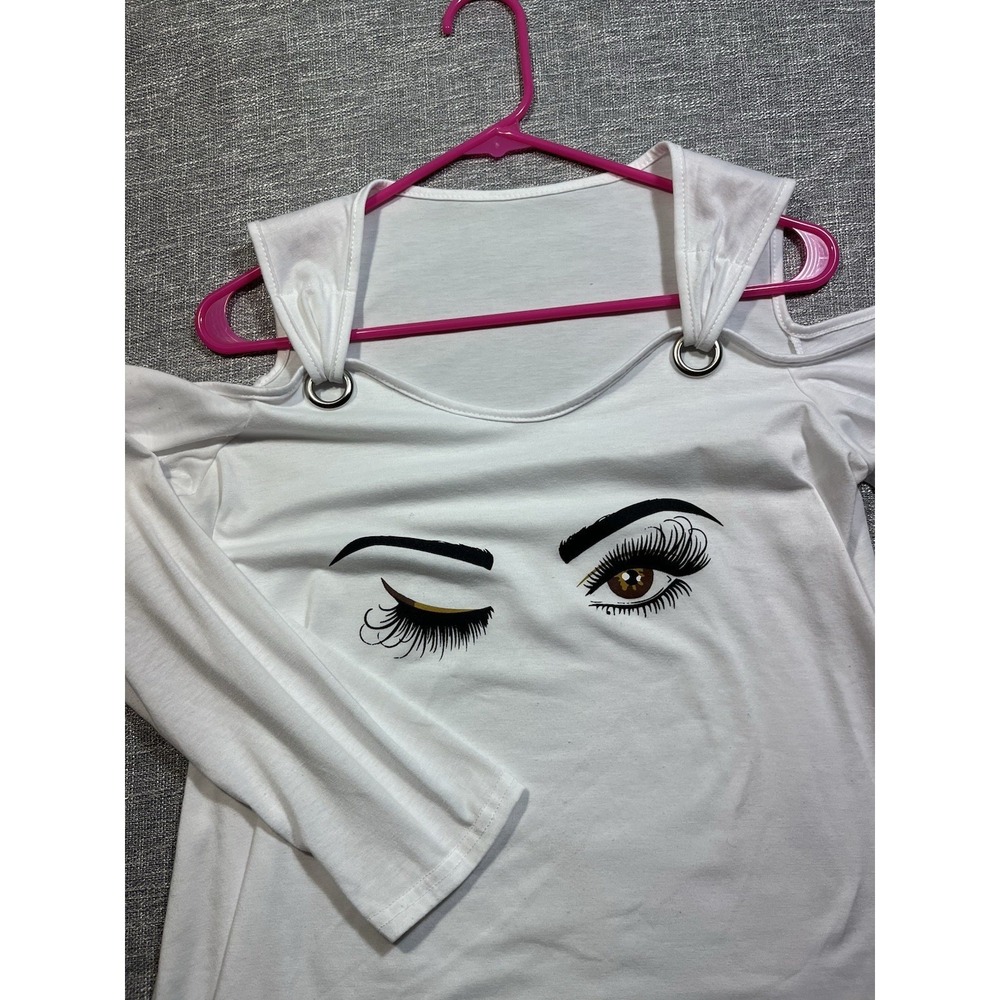 Women's L White Knit Boat Neck Cold Shoulder Eye Graphic Grommet Tee Pullover